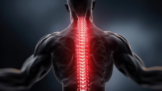 A man's back is red and it looks like he has a bad backache. The image is in black and white and the man's muscles are tense