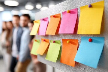 Wall display of colorful sticky notes attached with clips holds many important reminders