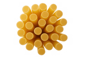 Uncooked pasta tubes forming a dense cluster, top view showcasing italian food ingredients ready for cooking