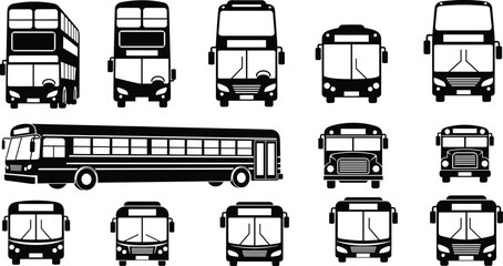 Vector Silhouette Set of Public Transportation Buses: School Bus, City Bus, and Double-Decker Models for Travel and Urban Commute Graphics