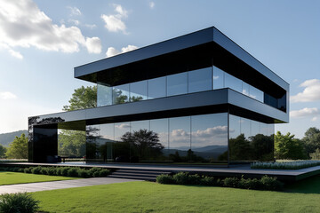 Modern black and glass house with lush green landscaping