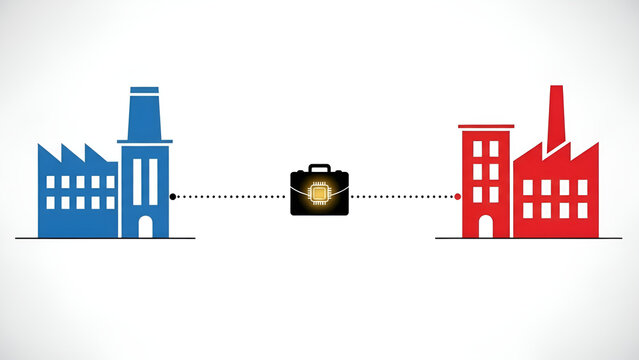 Secure digital connection linking two industrial buildings illustration.