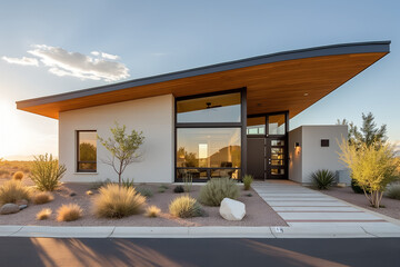Modern desert home with sloping roof and large windows at sunset