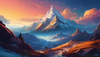 a dreamy surreal landscape featuring a snow capped mountain