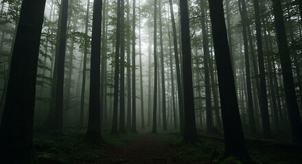 Mystical forest with tall trees and dense fog creating ambience