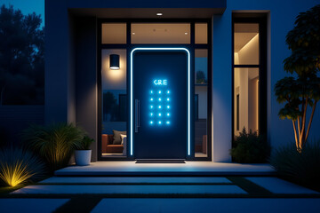 Modern smart home door with digital lock and neon lighting