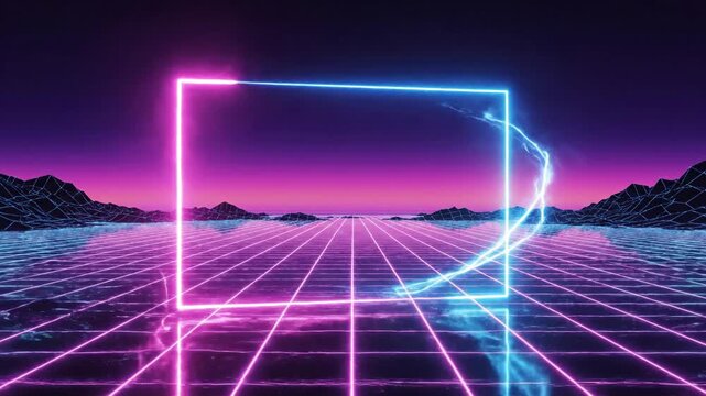 Abstract neon geometric shape with glowing lines on grid background