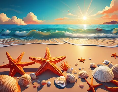 beach scene with starfish and seashells
