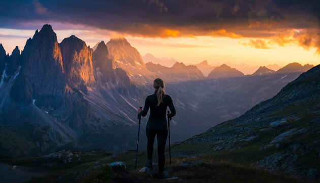 Woman hiker gazing at a glorious mountain sunset. Adventure, freedom,  strength. Inspiring, motivational, travel, outdoors, fitness  nature concepts.