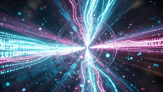 Digital Data Stream with Binary Code and Electric Blue and Pink Energy technology