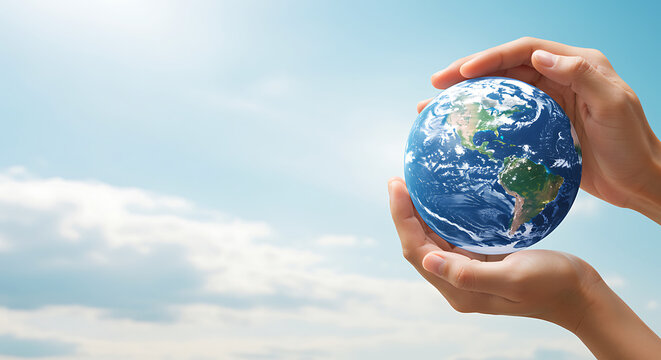 Protecting our planet Earth in human hands with blue sky background - Powered by Adobe