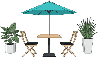 Set of outdoor caf&eacute; table with umbrella, wooden chairs and decorative potted plants in minimalist modern vector illustration