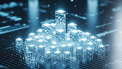 Futuristic Digital Cityscape with Glowing Blue Cubes and Data Grid technology