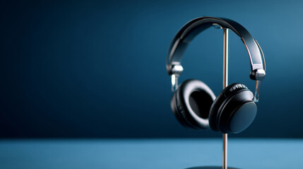 Black over-ear headphones displayed on a metal stand against a blue gradient background with soft lighting and shallow depth of field
