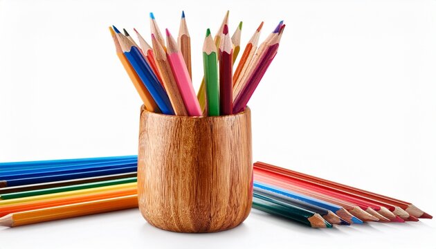 wooden cup with colored pencils isolated on white background - Powered by Adobe
