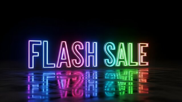 Flash Sale Neon Sign with Reflection on Dark Surface - Promotional Event
