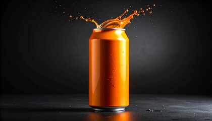 Plain orange aluminum can upright on dark gradient background with glossy reflections and minimal design