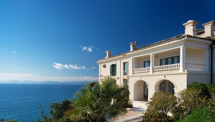 Fototapeta premium mediterranean estate with grand facade and sea views under a blue sky