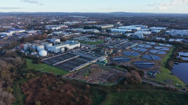 Aerial View of a Large Water Purification facility in the British city of Havant Suburban Landscape