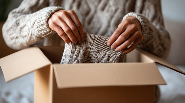 Close-up of hands unboxing winter sale purchase at home, warm interior light, realistic textures,  - Powered by Adobe