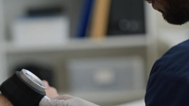 Tilt down shot of concentrated young Middle-Eastern male dermatologist in eyeglasses and sterile gloves using dermatoscope while inspecting skin on arm of unrecognizable male patient