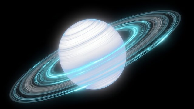 Abstract stylized planet with luminous blue rings orbiting in the vast cosmos