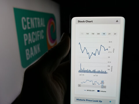 Stuttgart, Germany - 11-26-2025: Person holding smartphone with web page of financial company Central Pacific Bank (CPB) on screen in front of logo. Focus on center of phone display.