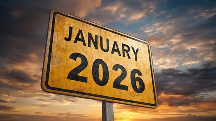 January 2026 sign against a stunning sunset sky evokes anticipation, new beginnings, and milestone planning for the year ahead