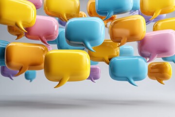 Black, white, and gray speech bubbles float in a cluster to represent social media engagement, online communication, and dialog platforms