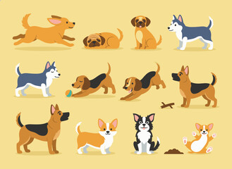 Obraz premium A collection of charming dogs from diverse breeds playing, running, walking, sitting, and pooping, rendered as cute cartoon animals on a yellow background in a colorful flat vector style