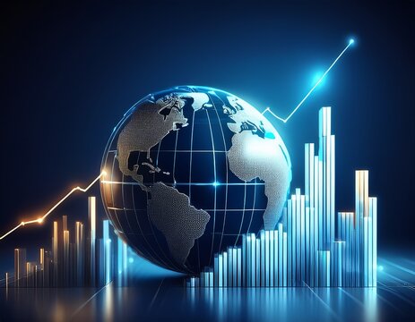 global growth chart with a world globe on a dark blue background displaying ascending bar graph showing positive growth trends