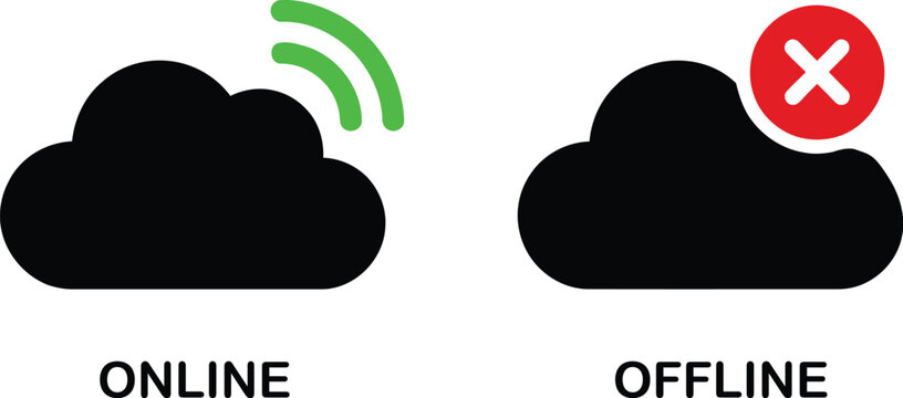 Cloud online and offline status icons for internet connection vector.