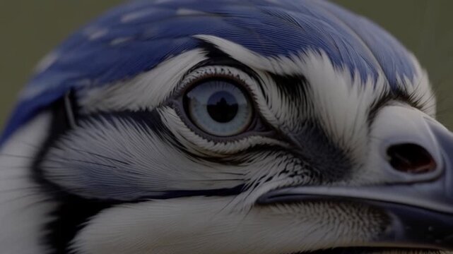 a blue jay blinking, sharp blue-and-white feather patterns around eye