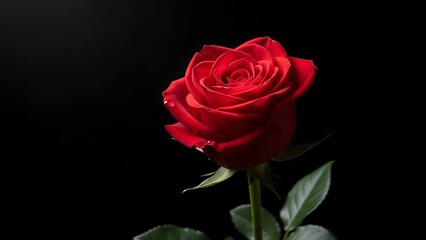 Naklejka premium Vibrant red rose blossom with delicate dew drops on petals, symbolising romance