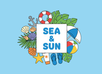 A vibrant square backdrop featuring summer motifs and a central text area, framed by a beach umbrella, straw hat, seagull, flip‑flops, and an anchor, rendered as a flat‑style seasonal vector