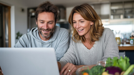 Couple reviewing online order list on laptop at dining table, natural daylight, realistic interaction,
