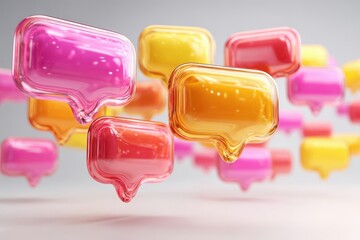 Black, white, and gray speech bubbles float in a cluster to represent social media engagement, online communication, and dialog platforms