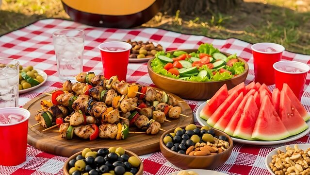 Outdoor family picnic with grilled chicken skewers, fresh salad, watermelon slices
