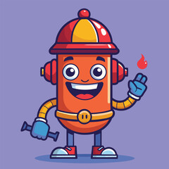 Fototapeta premium Happy cartoon fire hydrant character holding a small flame