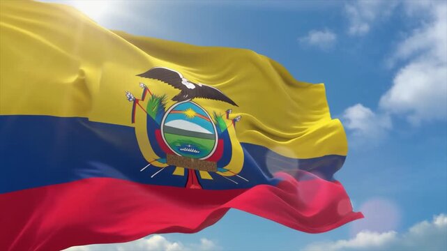 The Ecuadorian flag with its detailed coat of arms billows in the wind under a bright, sunlit sky nation