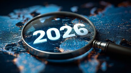 Looking ahead to 2026 with a magnifying glass over a detailed world map, envisioning global trends and future possibilities for business and innovation