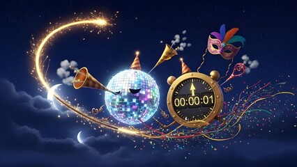 Playful New Year Characters Celebrating at Midnight