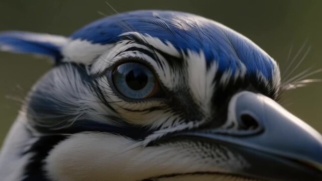 a blue jay blinking, sharp blue-and-white feather patterns around eye
