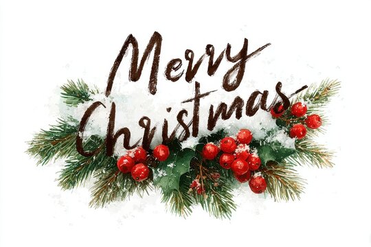 Merry christmas hand lettering with evergreen branches, holly leaves and red berries covered in snow for the festive holiday season