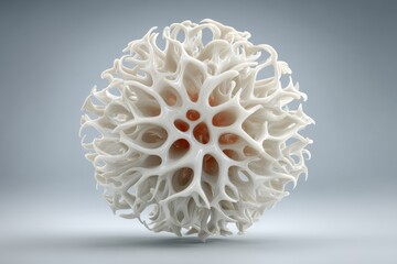 Intricate spherical object with repeating organic patterns in white ivory color with coral hues at the center on a bright, neutral background