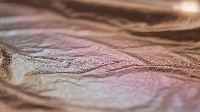 Closeup of a textured metallic surface with warm glowing bokeh lights