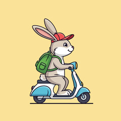 Cute Cartoon Rabbit Riding Scooter with Backpack and Cap.