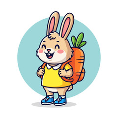 Cute Happy Bunny Rabbit Cartoon Character Wearing Carrot Backpack and Yellow Shirt.