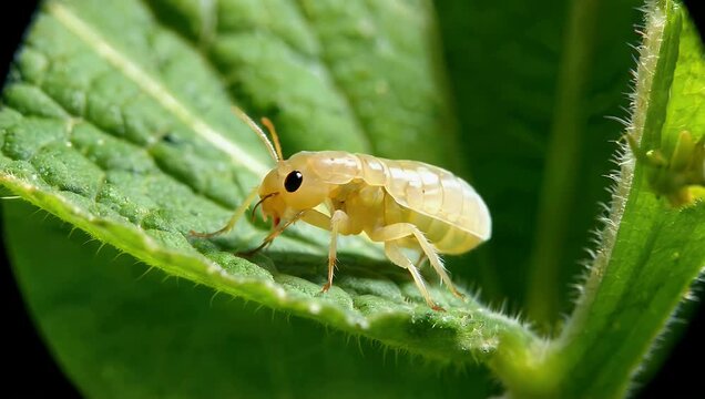 A fascinating high quality 4K stock video capturing an aphid Aphididae belonging to the aphid superfamily Aphidoidea Hemiptera seen under a microscope on a cucumber leaf highlighting that many are