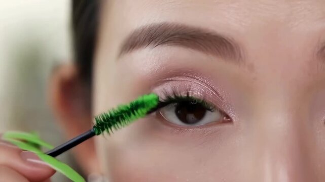 A person carefully applies bright green mascara to their eyelashes, enhancing their eye makeup. The setting features soft natural light, highlighting their focused expression and colorful style.